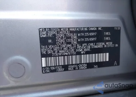 2021 Toyota Rav4 Le из США, поврежденный, VIN 2T3G1RFV4MW161150